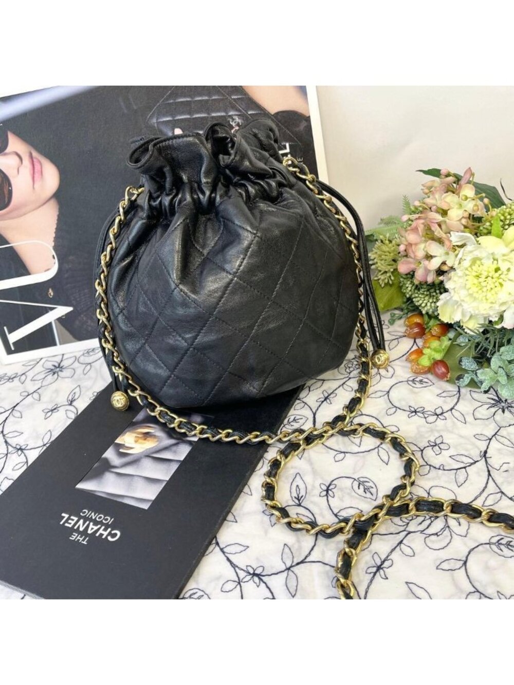 Chanel Drawstring Quilted Black Chain Shoulder